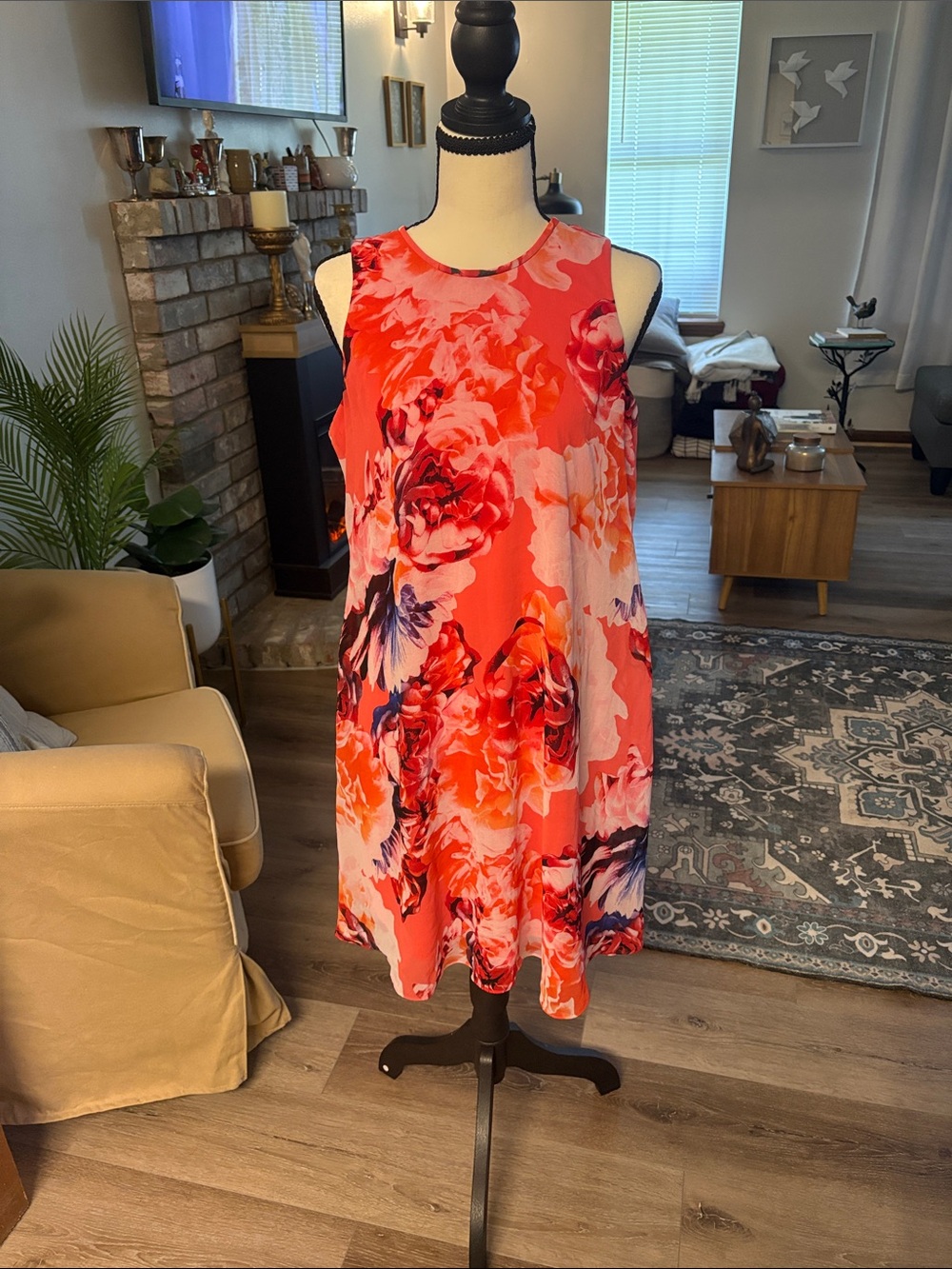 Calvin Klein Coral and Pink Floral Sleeveless Mini Dress